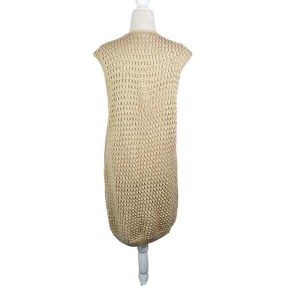 Vintage Tan Crochet Knit Long Cardigan Sweater Vest Duster Handmade - Picture 4 of 4